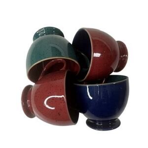 Denby Harlequin Set of 4 3" Footed Cups 2 Red & Blue 1 Green Blue 1 Blue Green